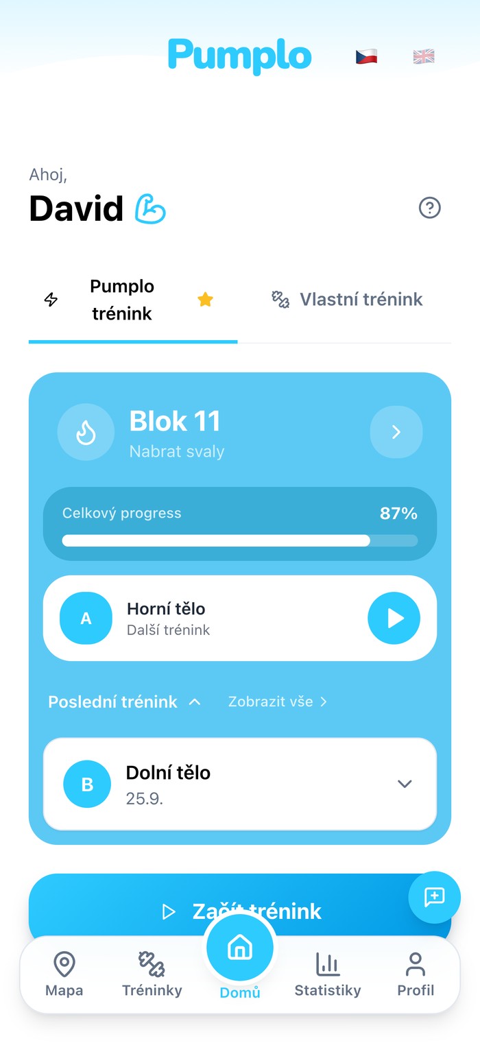 Pumplo — domovská obrazovka s dalším tréninkem